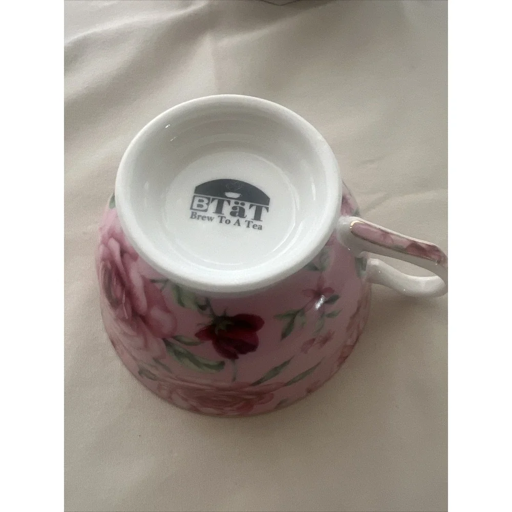 Brew To A Tea BTAT Mug Cup and Saucer Floral Garden Mint  Pink Porcelain Fine Ch